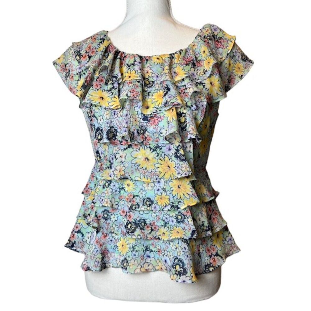 Odille‎ Silk Tiered Ruffle Floral Top Anthropologie Blue Yellow 4